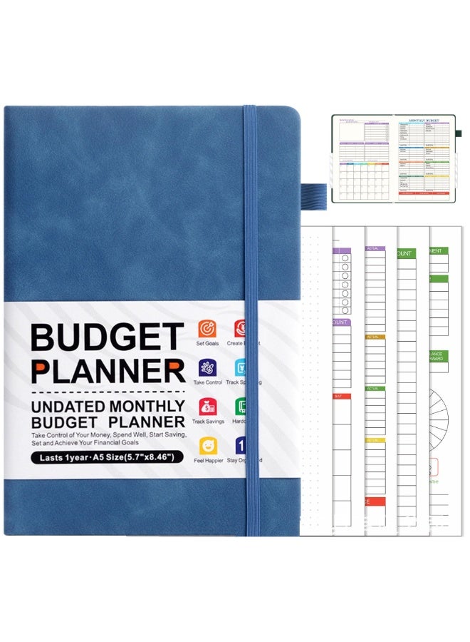 Peachjoy Budget Planner, Daily/Weekly/Monthly Expense Tracker Notebook, Finance Planner and Accounts Book, Faux Leather Hardcover Financial Organizer, A5 Undated Bill Organizer with Pen Pocket (Blue) - Image 1